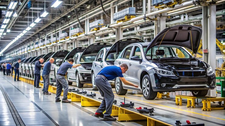 two men are working on a car in a warehouse