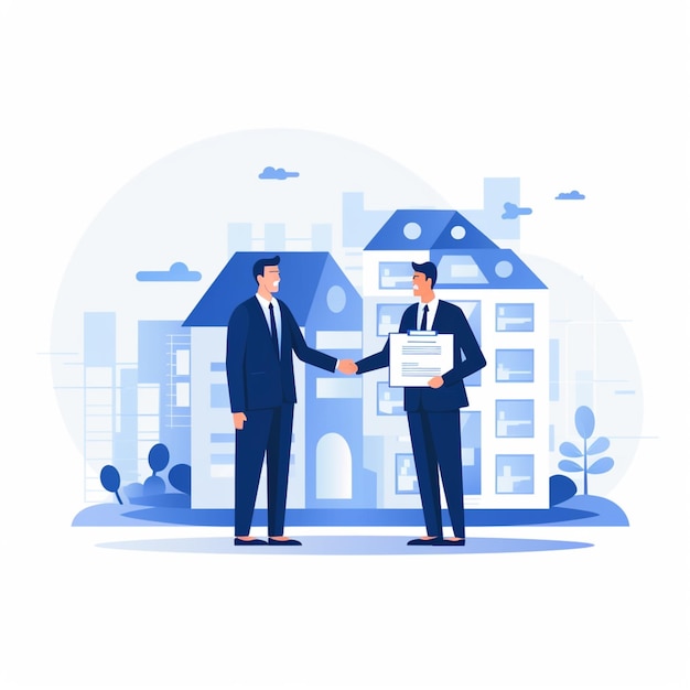 two men shaking hands in front of a building with a blue sky generative ai