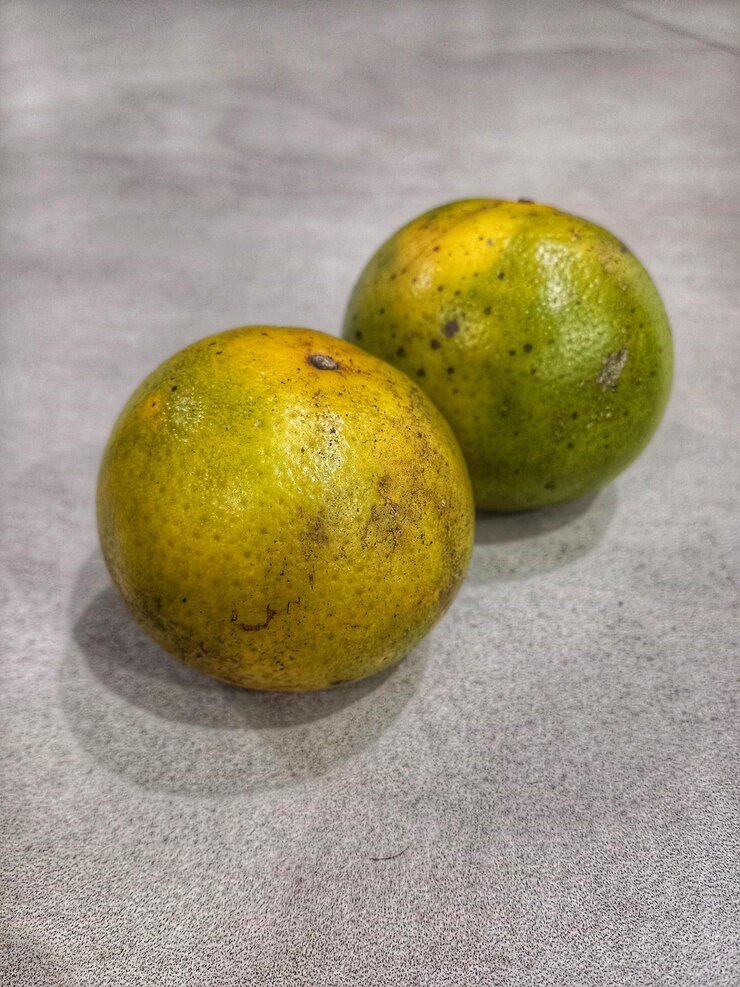 Two oranges on a table with one that has a black spot on it.
