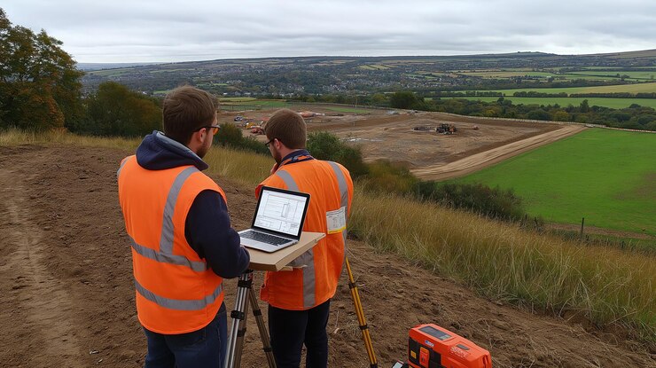 Two surveyors using laptop and equipment on construction site