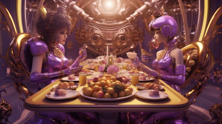 two women in purple dresses sitting at a table with plates of food generative ai
