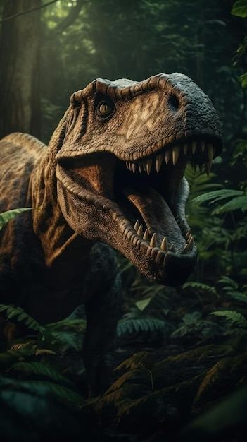 Tyrannosaurus o TRex che guardano fuori dalla giungla esplodono