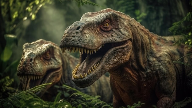 Tyrannosaurus o TRex che guardano fuori dalla giungla esplodono