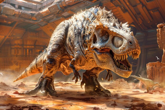 Tyrannosaurus Rex aggressivo nelle rovine distopiche Dinosauro preistorico Concept Art in Desolate