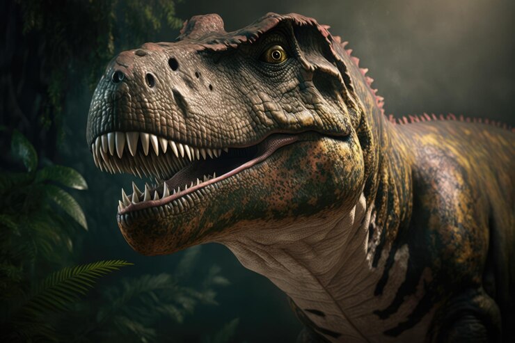 Tyrannosaurus rex che ruggisce sopra le nuvole di fumo della foresta create utilizzando la tecnologia generativa dell'IA