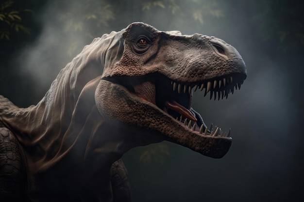 Tyrannosaurus Trex dinosauro su sfondo fumo AI generato