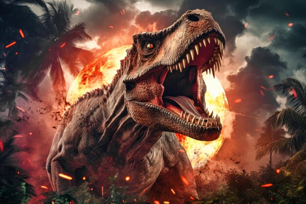 Tyrannosaurus Trex dinosauro sullo sfondo di fumo e fuoco Dinosauro nell'antica giungla mostro primordiale