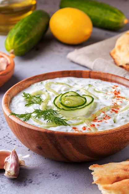 Tzatziki di insalata greca di cetriolo, yogurt, olio d'oliva, aglio, aneto e spezie.
