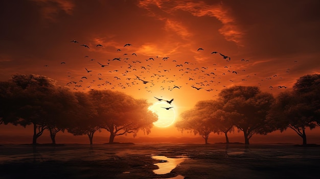 Uccelli che volano mentre il sole bianco evidenzia nuvole di perle e sagome di alberi durante un tramonto arancione