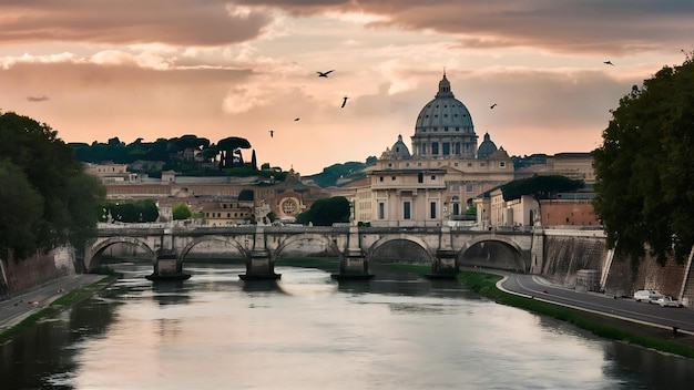 Uccelli che volano sul fiume Tiber vicino al Vaticano e al ponte di Vittorio Emanuele II, in Italia