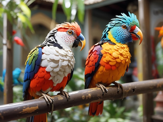 Uccelli colorati nel museo blanco bali in due bellissimi