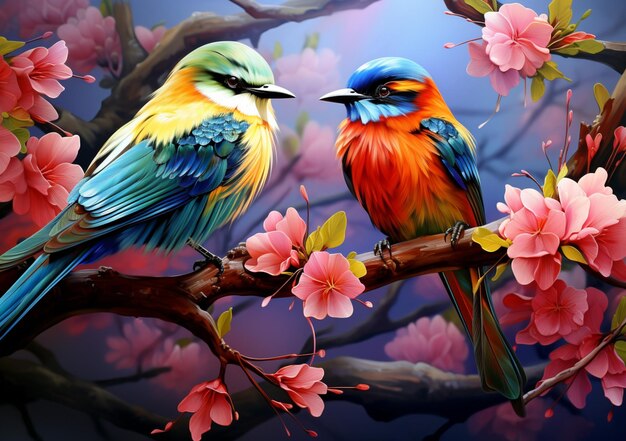 uccelli dai colori vivaci appollaiati su un ramo di un albero con fiori rosa ai generativa