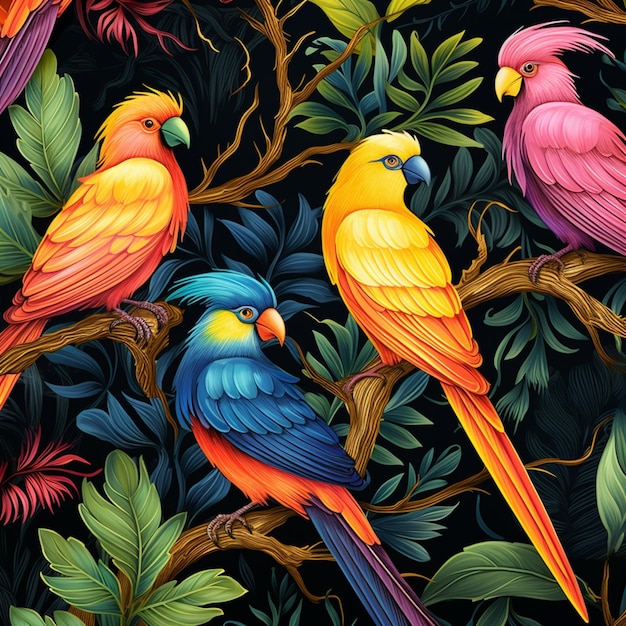 Uccelli dai colori vivaci appollaiati su un ramo in una foresta tropicale ai generativa