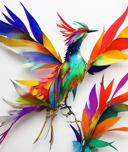 uccelli del paradiso scultura in metallo riciclato arte arcobaleno soffice dipinto su carta immagine acquerello HD