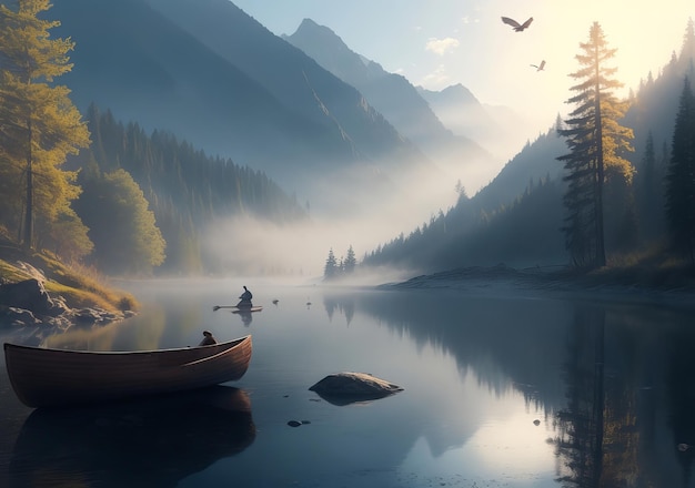 Uccelli della nebbia del torrente di montagna nel sole della canoa del cielo