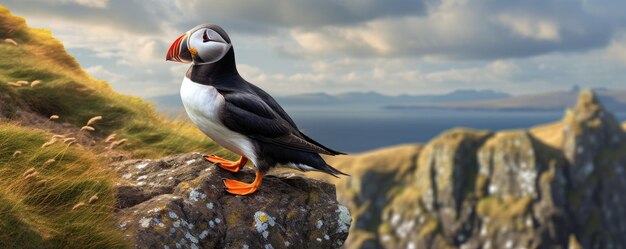 Uccelli di puffin atlantico vicino al paesaggio oceanico Fratercula arctica Generative ai