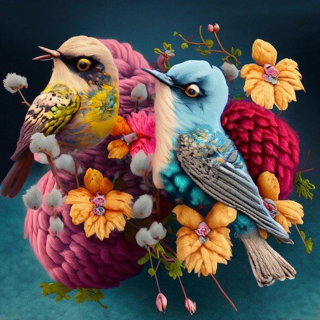 uccelli e fiori colorati di lana