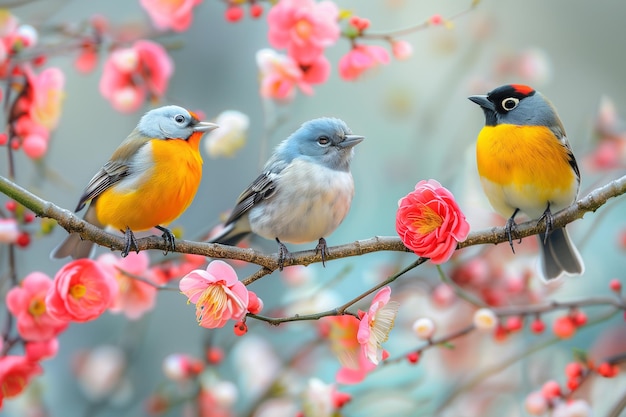 Uccelli gialli e bianchi seduti sul ramo dell'albero primaverile con fiori rosa