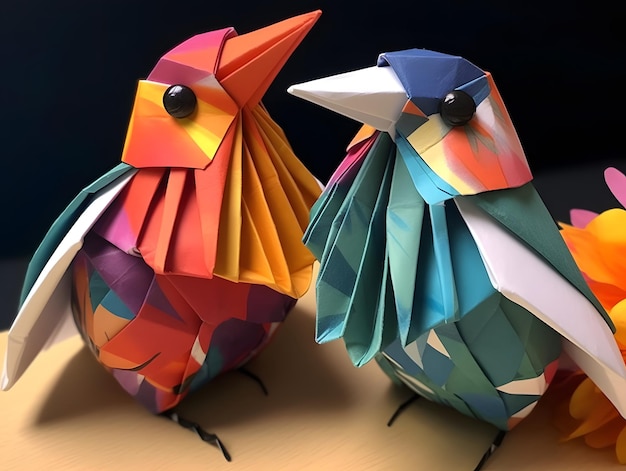 Uccelli in origami su uno sfondo di primo piano