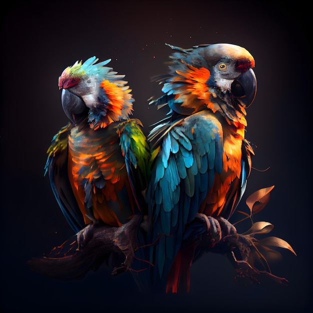 Uccelli macaw colorati isolati su sfondo nero rendering 3d