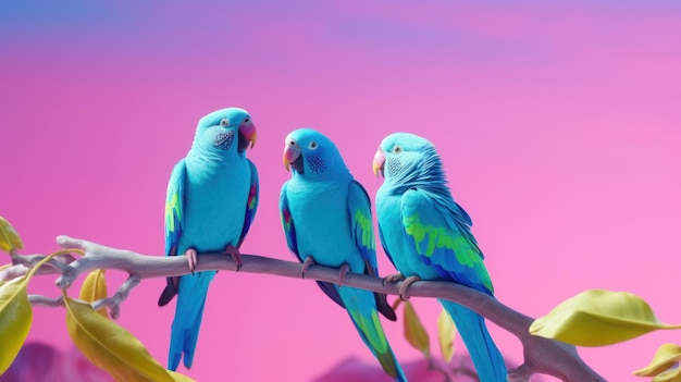 Uccelli pappagallo sul ramo di un albero colorato su uno sfondo vibrante