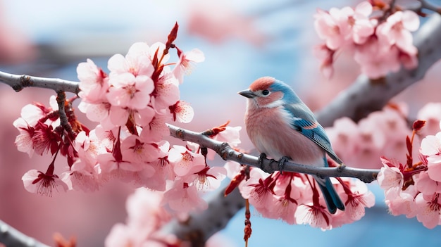 Uccelli seduti su un albero pieno di fiori di ciliegio AI generativa
