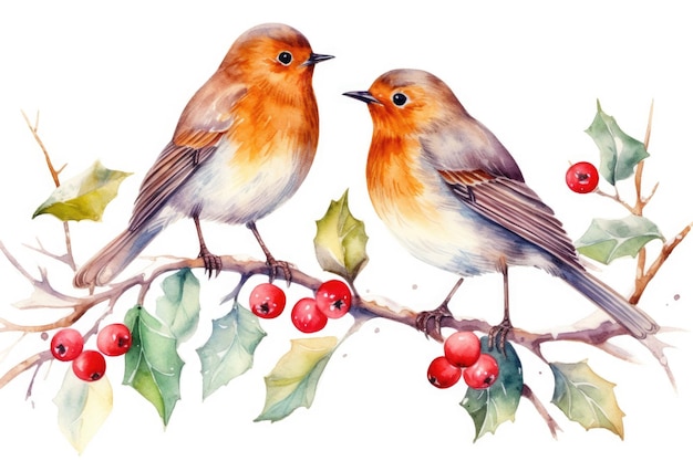 Uccelli seduti su un ramo di un albero invernale Bordo acquerello per la progettazione di biglietti di Natale per la fauna selvatica