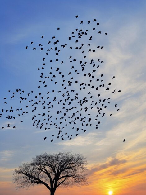 uccelli tramonto alba albero cielo blu