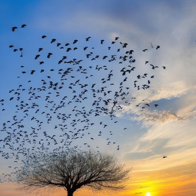 uccelli tramonto alba albero cielo blu