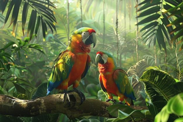 Uccelli tropicali esotici in una foresta pluviale lussureggiante