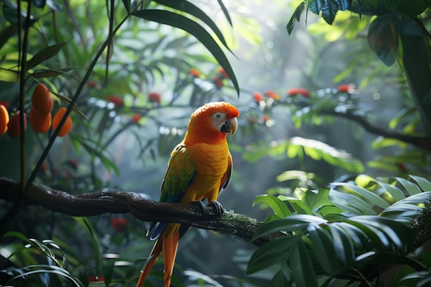 Uccelli tropicali esotici in una foresta pluviale lussureggiante
