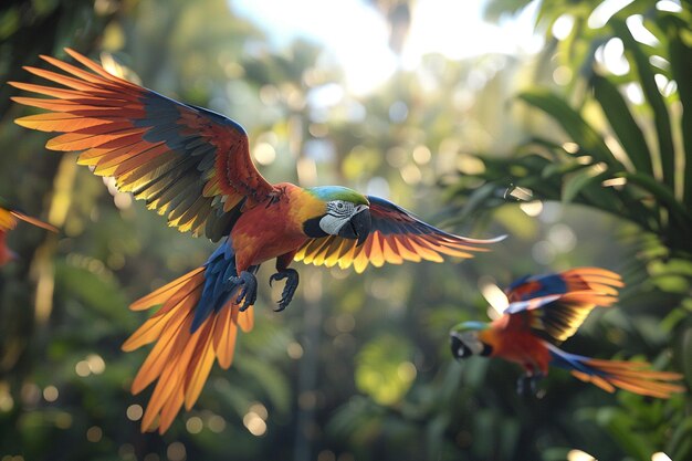 Uccelli tropicali esotici in volo