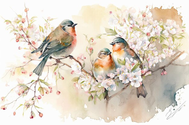 Uccelli variopinti sull'albero di fioritura del bastone con il fiore nel disegno dell'acquerello artistico