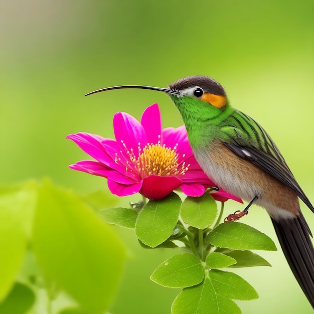 Uccelli Violet Sabrewing che volano accanto a un bel fiore rosso Tinny bird vola nella giungla Generative AI