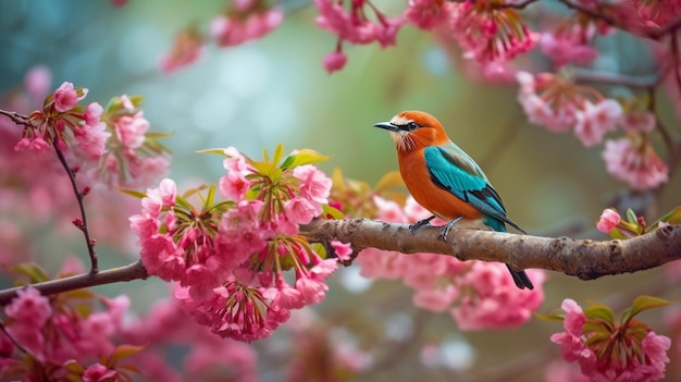 Uccello appoggiato su un ramo d'albero in fiore in primavera GENERATE AI