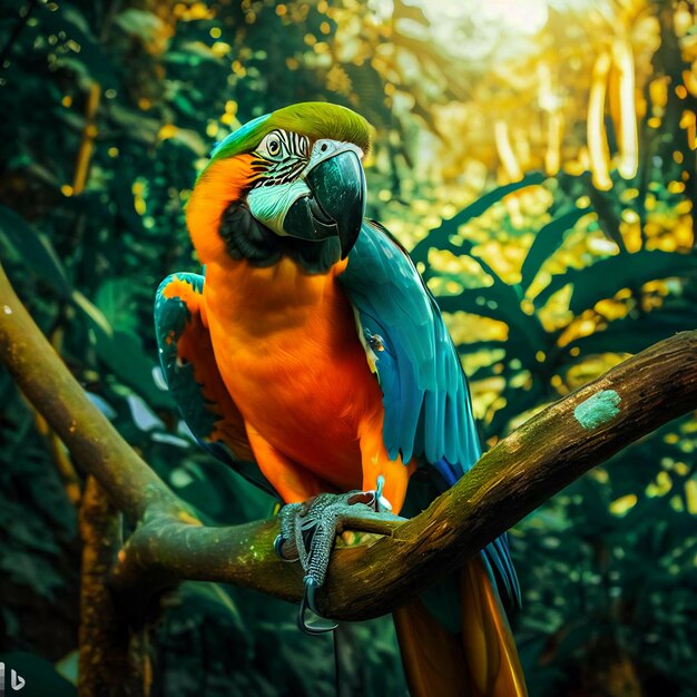 Uccello Ara seduto su un albero nella giungla generato dall'intelligenza artificiale