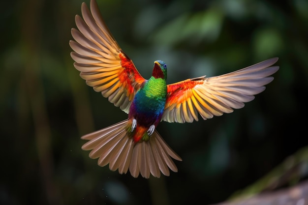 Uccello arcobaleno che allarga le ali in volo creato con l'IA generativa