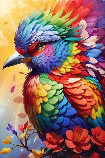 Uccello arcobaleno colorato su uno sfondo di natura Illustrazione vettoriale