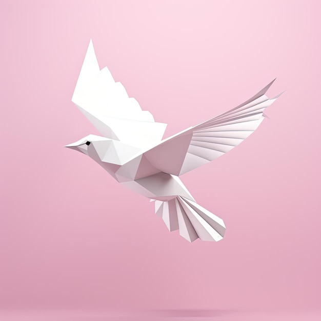 uccello bianco origami che vola sullo sfondo rosa