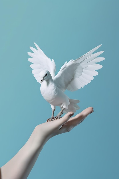 Uccello bianco sulla mano femminile isolato su sfondo blu ai generato