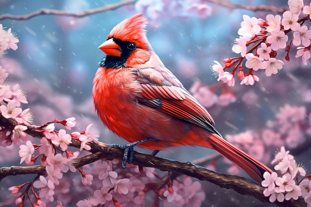 Uccello cardinale rosso seduto su un ramo di fiori di sakura IA generativa