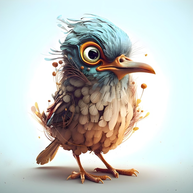 Uccello carino con piume blu e occhi arancioni rendering 3d