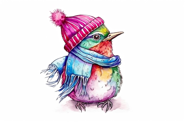 Uccello carino in sciarpa colorata e cappello invernale AI generativo