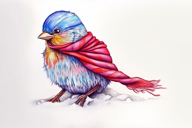 Uccello carino in sciarpa colorata e cappello invernale AI generativo
