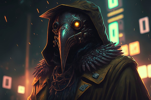 Uccello che indossa una giacca con cappuccio e occhi luminosi arte cyberpunk