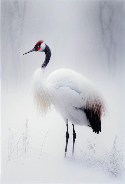 Uccello che sta in piedi nella neve generativa ai