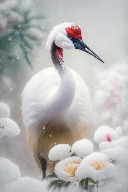 Uccello che sta in piedi nella neve generativa ai