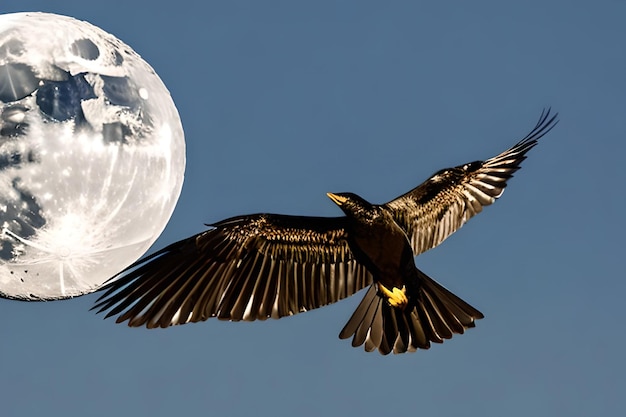 Uccello che vola nel cielo notturno con la luna dietro il suo spazio copia per banner