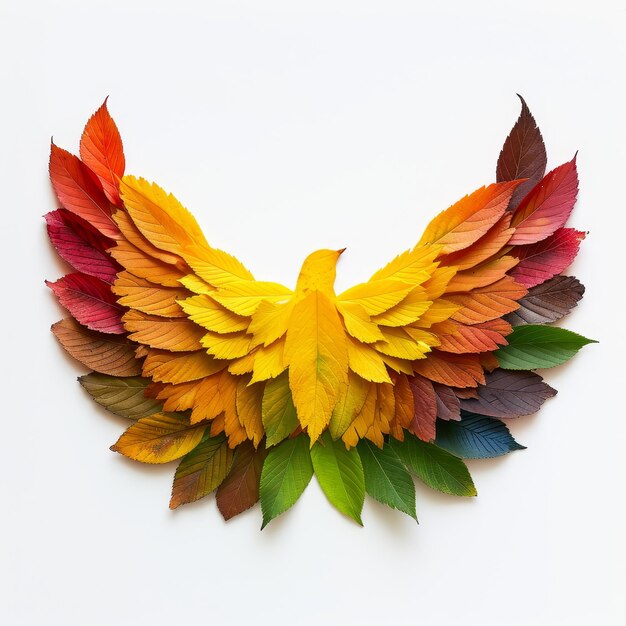 Uccello colorato fatto di foglie su sfondo bianco