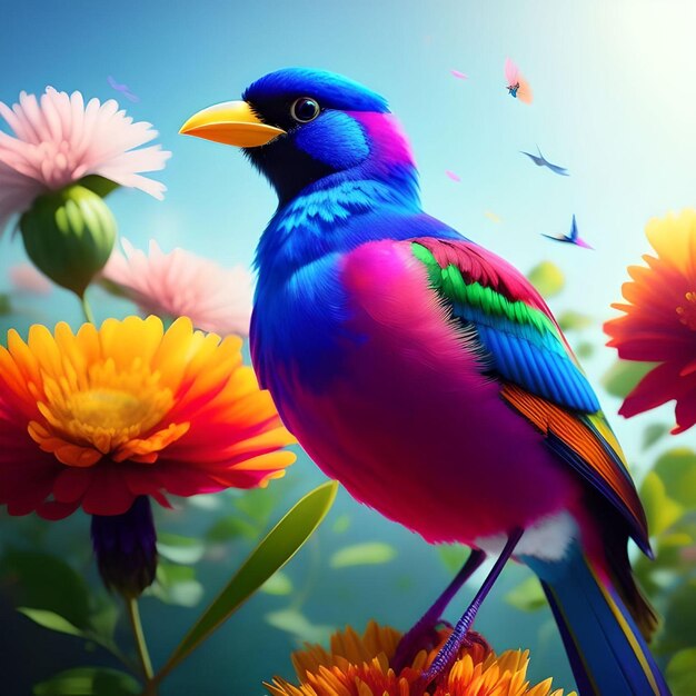 Uccello colorato fotorealistico Full HD con fiori Utopia Illustration